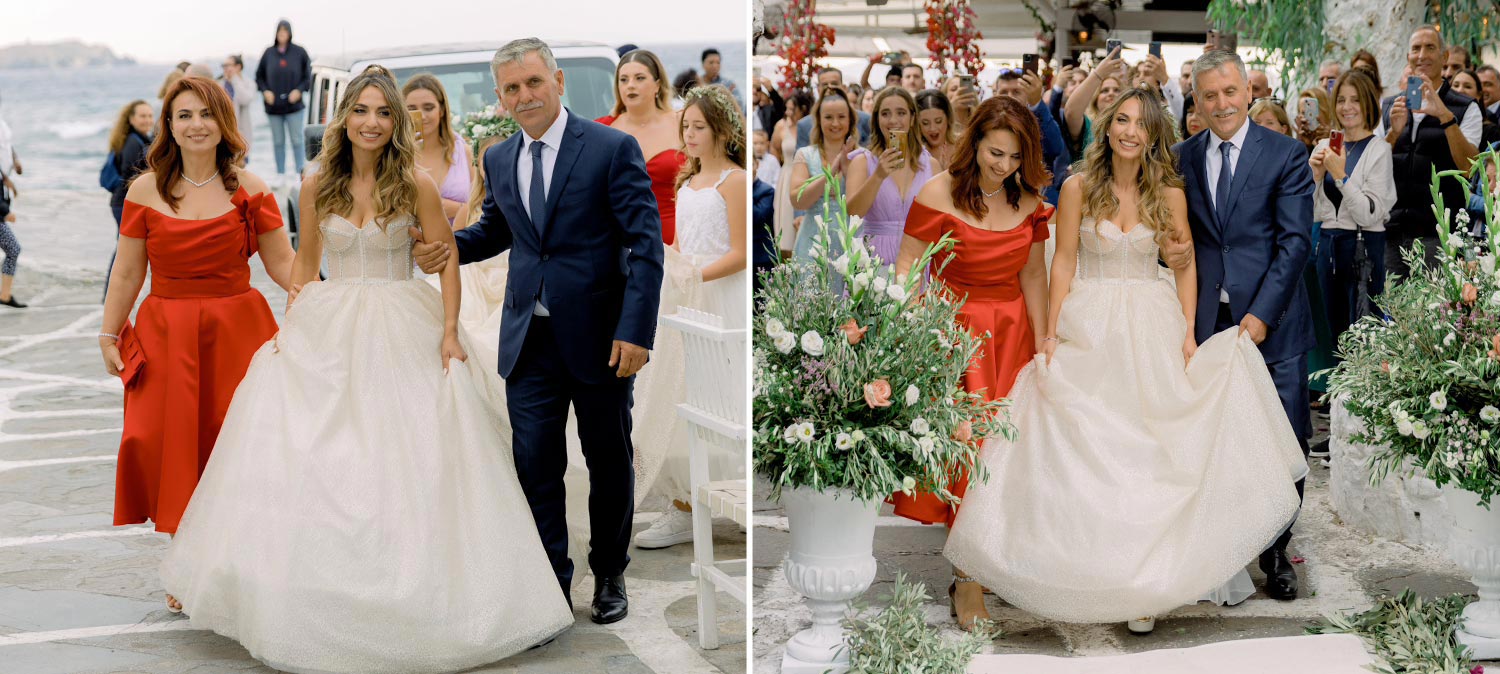 Πολυτελής Γάμος στη Μύκονο 12 Bride arrives escorted by her parents joy radiating. Mediterranean Romance in Mykonosb