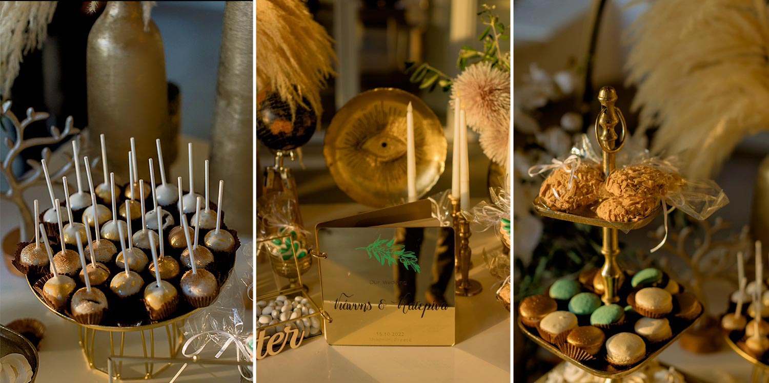 Πολυτελής Γάμος στη Μύκονο 30 Gold desserts and sweet memories. Mediterranean Romance in Mykonos crafted by Rogdaki Events
