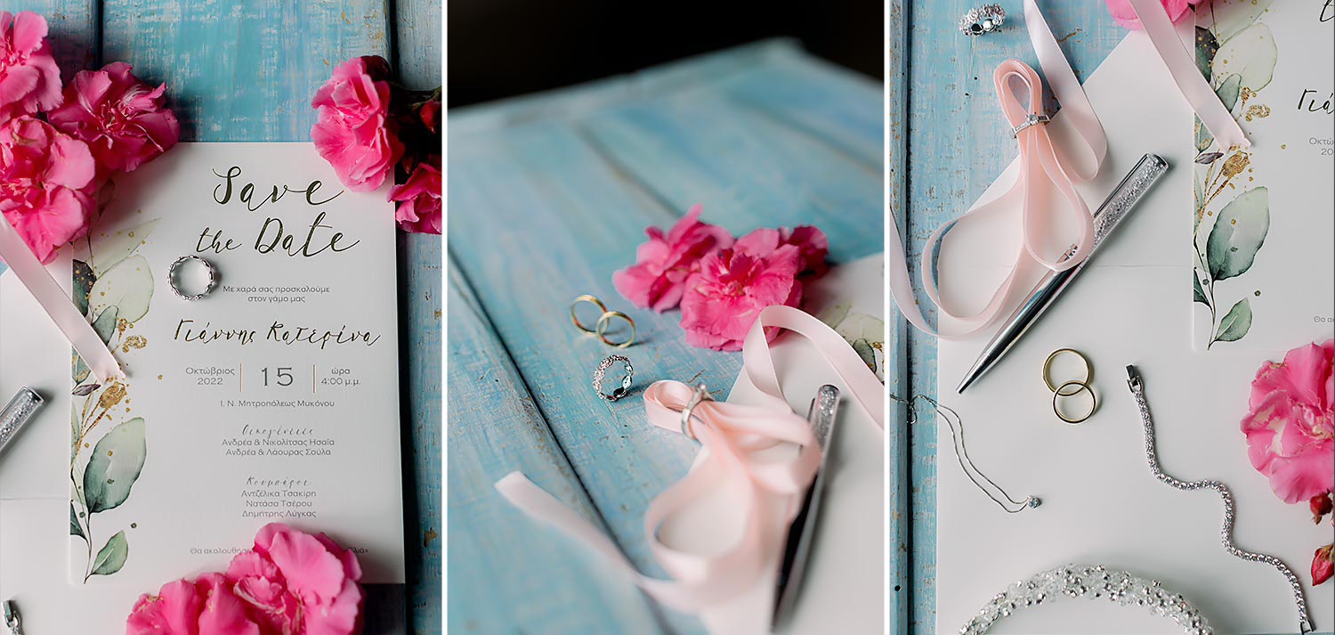 Πολυτελής Γάμος στη Μύκονο 1 Mediterranean Romance in Mykonos by Rogdaki Events floral accents rings and calligraphy on rustic turquoise wood