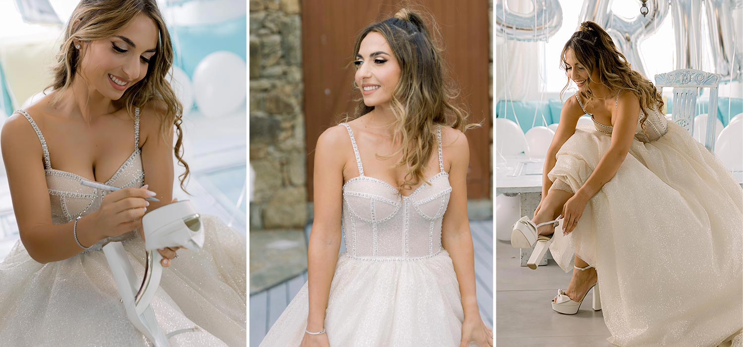 Πολυτελής Γάμος στη Μύκονο 3 Mediterranean Romance in Mykonos by Rogdaki Events the bride glows in champagne sparkle preparing for her forever moment