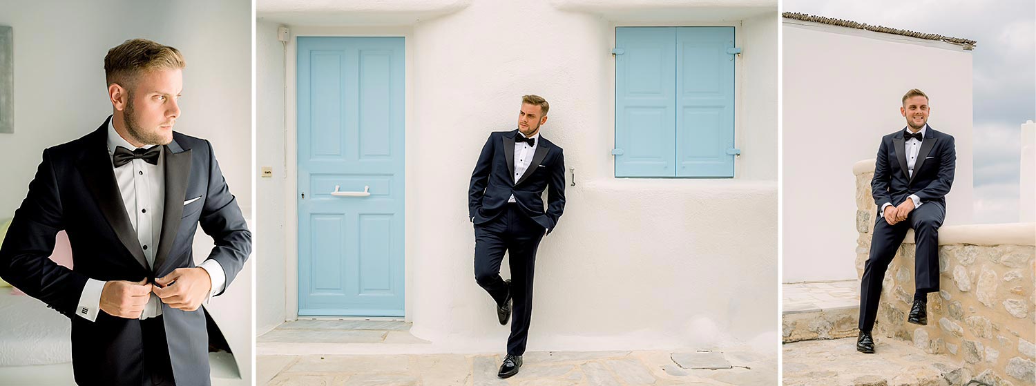 Πολυτελής Γάμος στη Μύκονο 4 Mediterranean Romance in Mykonos by Rogdaki Events the groom channels classic charm against whitewashed walls