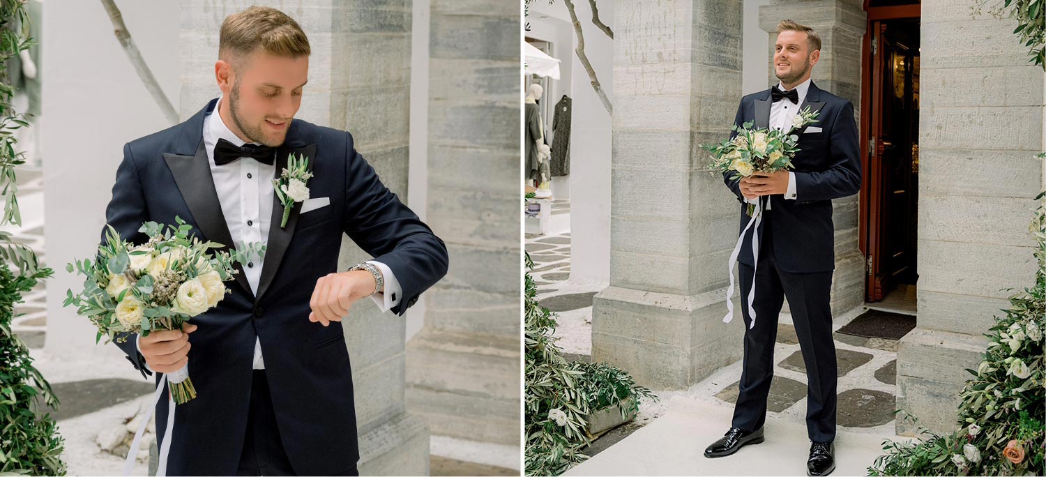 Πολυτελής Γάμος στη Μύκονο 9 The groom stands proud bouquet in hand time ticking. Mediterranean Romance in Mykonos by Rogdaki Events