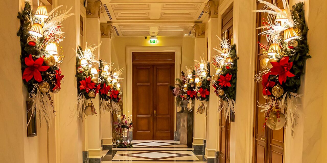 A grand corridor of the Grande Bretagne for an elegant Christmas inspired celebration