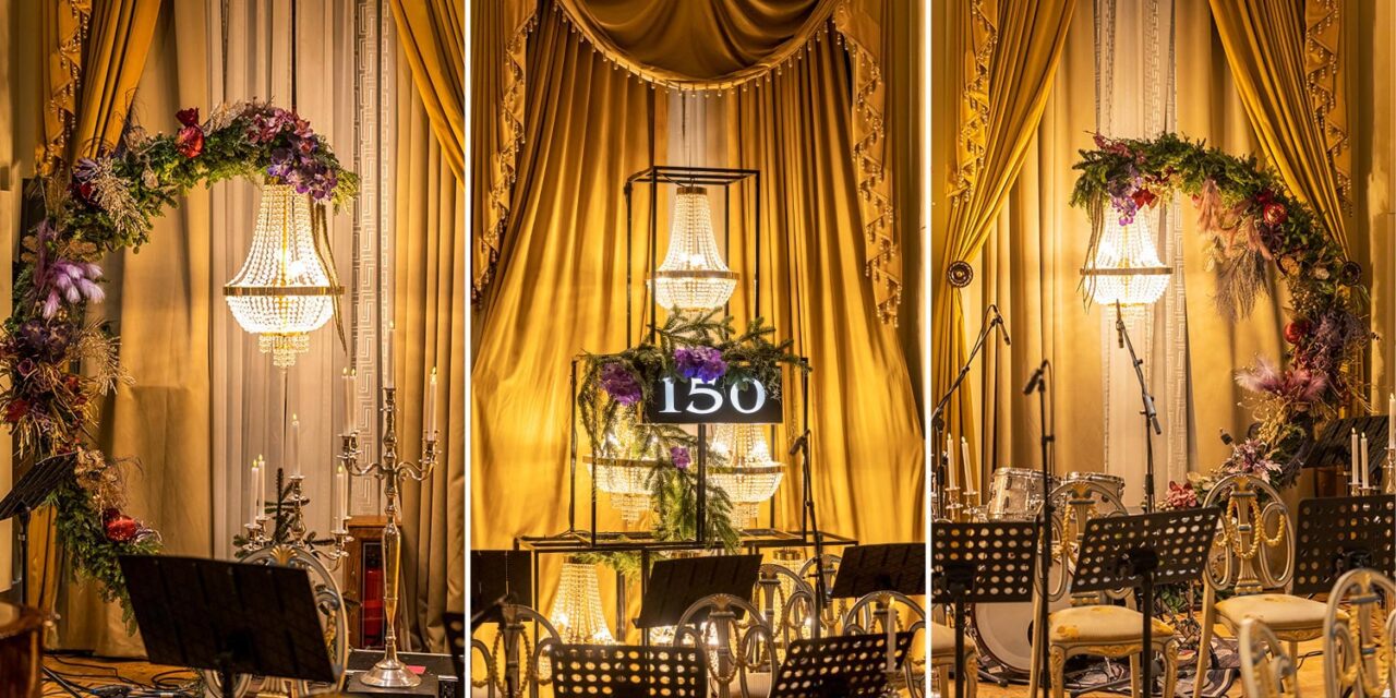 Crystal chandeliers, floral arches, and a glowing “150” installation by Rogdaki Events form a breathtaking focal point for the Grande Bretagne’s anniversary gala concert