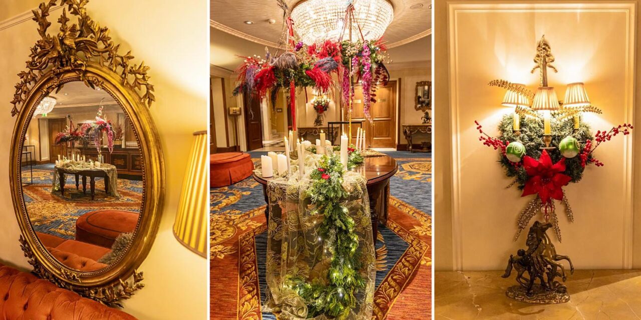 Opulent hallway decor by Rogdaki Events with mirrors, candles,and florals welcomes guests to the Grande Bretagne Christmas grand gala dinner celebration
