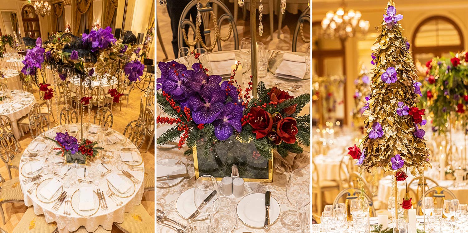Hotel Grande Bretagne – 150 Χρόνια Ιστορίας 19 Rogdaki Events combines lavish gold, purple, and red florals in refined table arrangements, enhancing the Grande Bretagne’s gala dinner with sophisticated festive charm