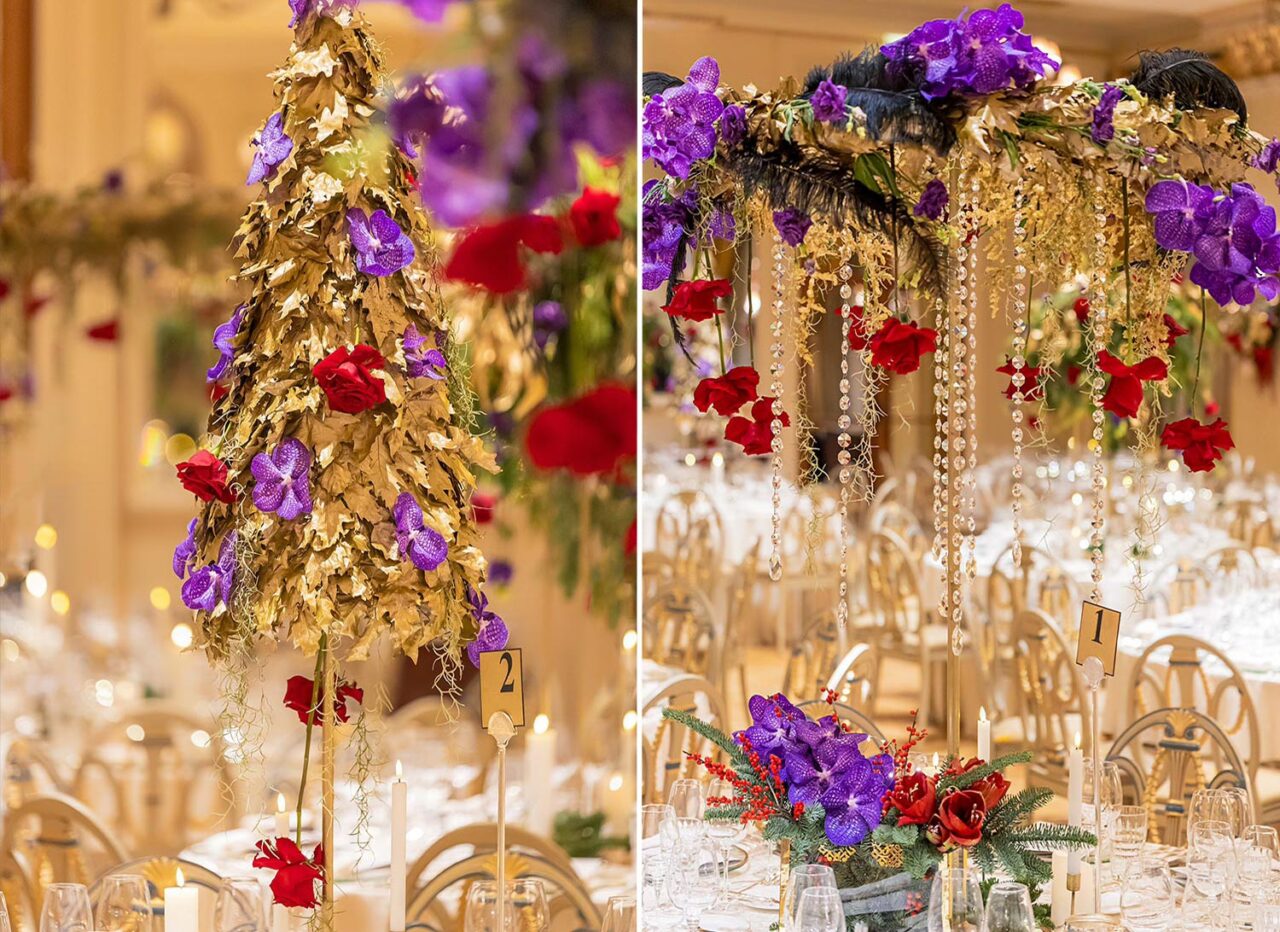 Rogdaki Events creates golden leaf and orchid centerpieces for a striking gala dinner atmosphere at the Grande Bretagne