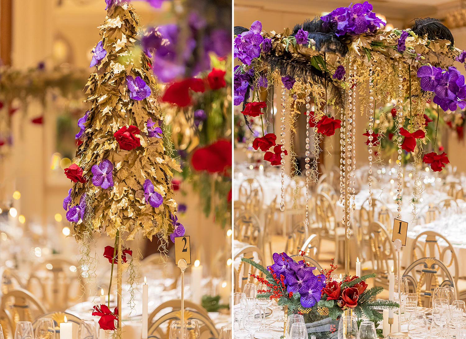 Hotel Grande Bretagne – 150 Χρόνια Ιστορίας 24 Rogdaki Events creates golden leaf and orchid centerpieces for a striking gala dinner atmosphere at the Grande Bretagne