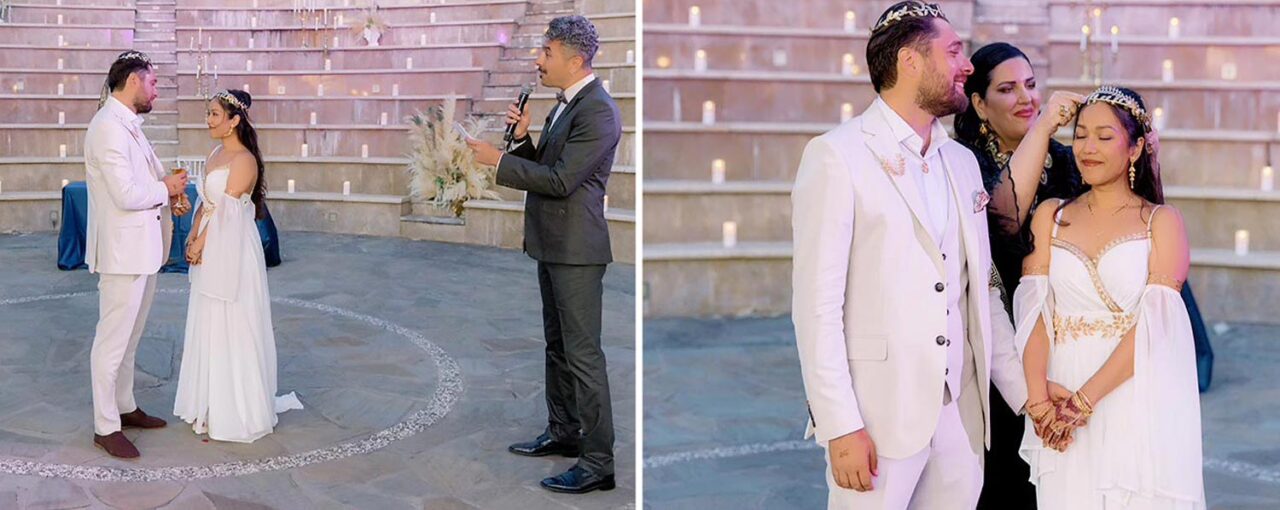 Ancient Greek Ceremony in an Amphitheater, by Rogdaki Events — A magical vow exchange beneath candlelit steps and soft evening light in a sacred circle
