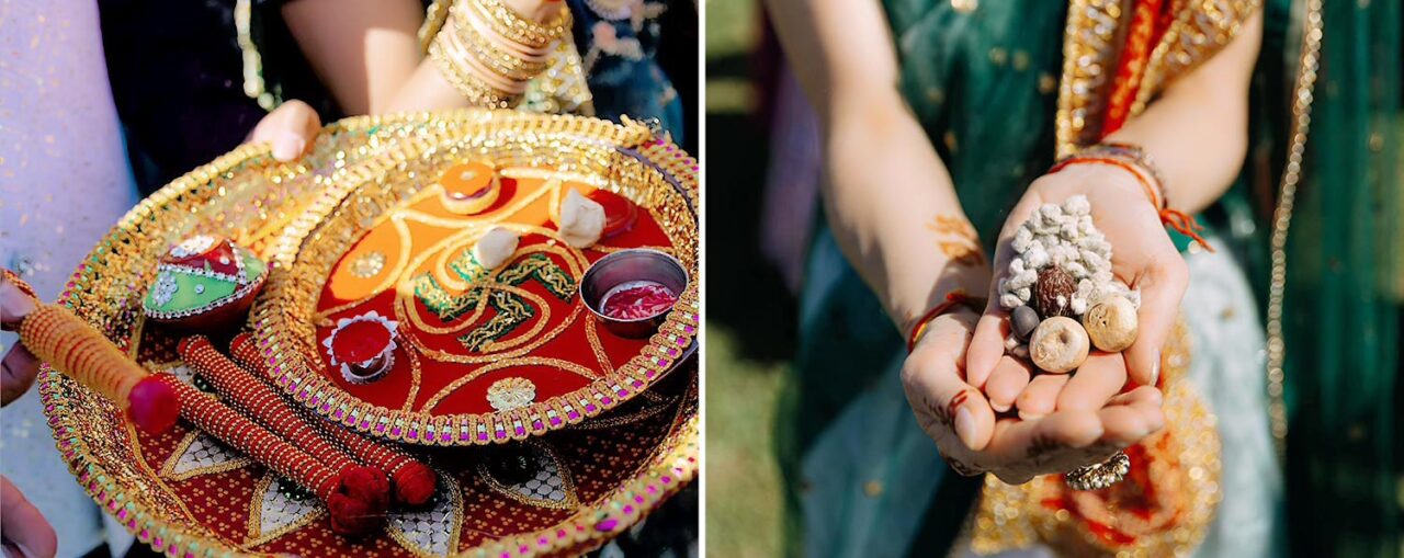 Indian Wedding in a Private Villa, by Rogdaki Events — a detailed pooja thali and sacred offerings held with reverence, reflecting the deep cultural rituals of the ceremony