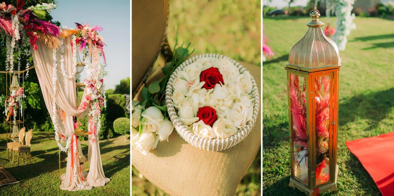 Indian Wedding in a Private Villa, by Rogdaki Events — crystal chandeliers and delicate floral frames bring sparkle and texture to the outdoor wedding decor