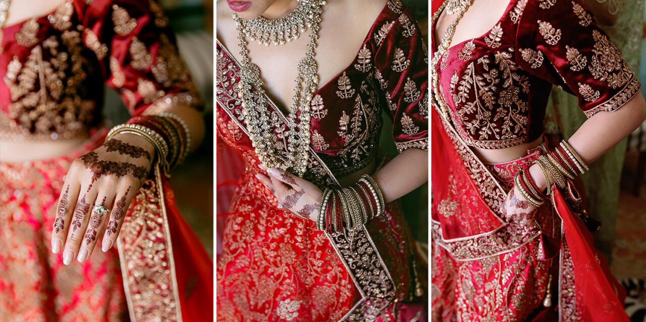 Indian Wedding in a Private Villa, by Rogdaki Events — intricate mehndi, rich red lehenga, and ornate jewelry highlight the bride’s regal bridal elegance in every detail