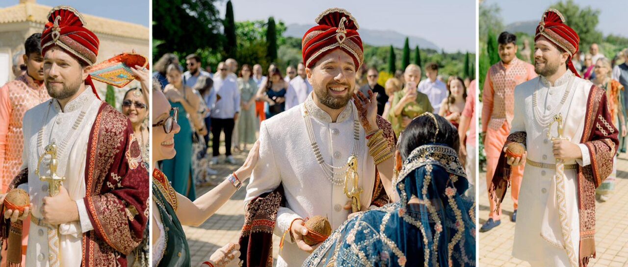 Indian Wedding in a Private Villa, by Rogdaki Events — the groom arrives, greeted with sacred traditions and ceremonial items as family and friends gather in colorful attire