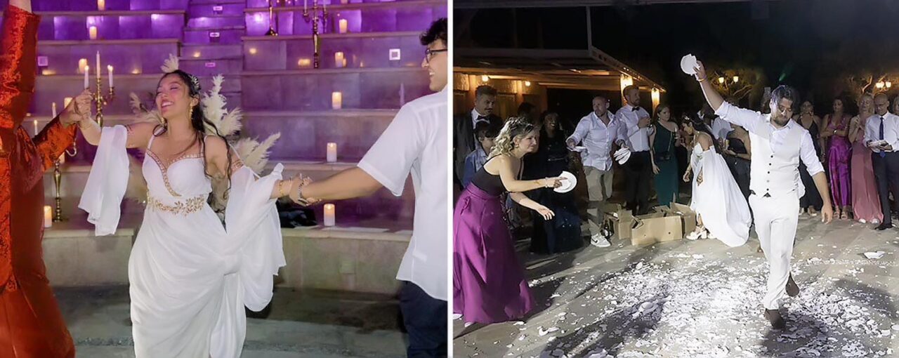 The bride and guests dance under candlelight while the groom breaks plates in traditional Greek style—Ancient Greek Wedding in an Amphitheater by Rogdaki Events