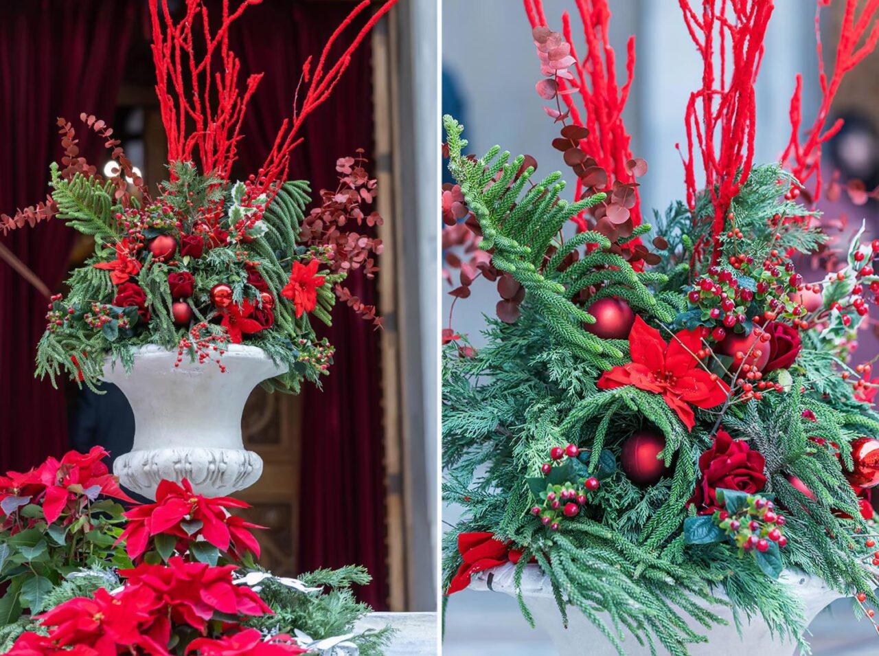 Elegant festive urns by Rogdaki Events overflow with red florals, evergreens, and Christmas ornaments for a baptism