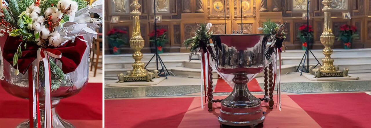 Rogdaki Events transforms the church interior with gold accents and festive décor for a luxury baptism