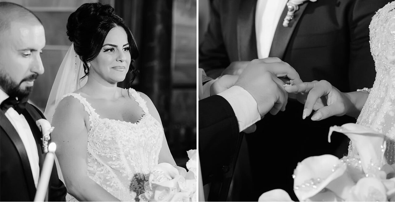 Bride and groom exchanging vows, eyes filled with love