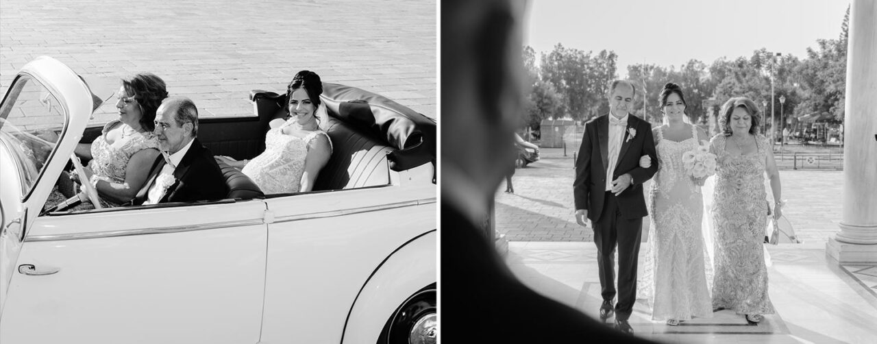 Bride arrives in vintage convertible, radiant with joy
