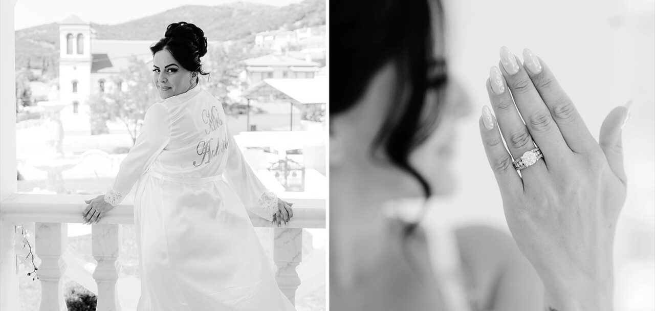 Bride in satin robe, overlooking the Greek landscape