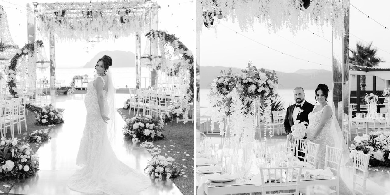 Bride shines at sunset, captured by Rogdaki Events during a Luxury Seaside Wedding in Greece