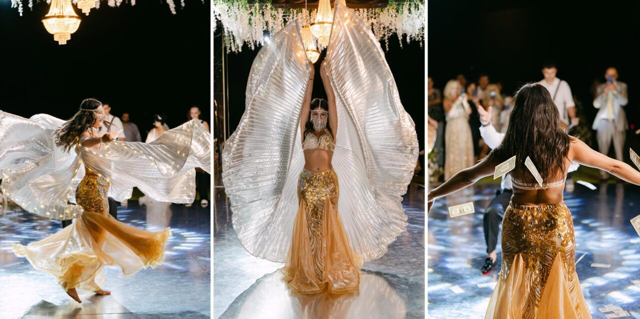 Captivating belly dance performance curated by Rogdaki Events at a Luxury Seaside Wedding in Greece