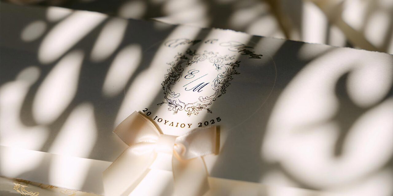 Elegant wedding invitation embossed with monogram and satin bow.