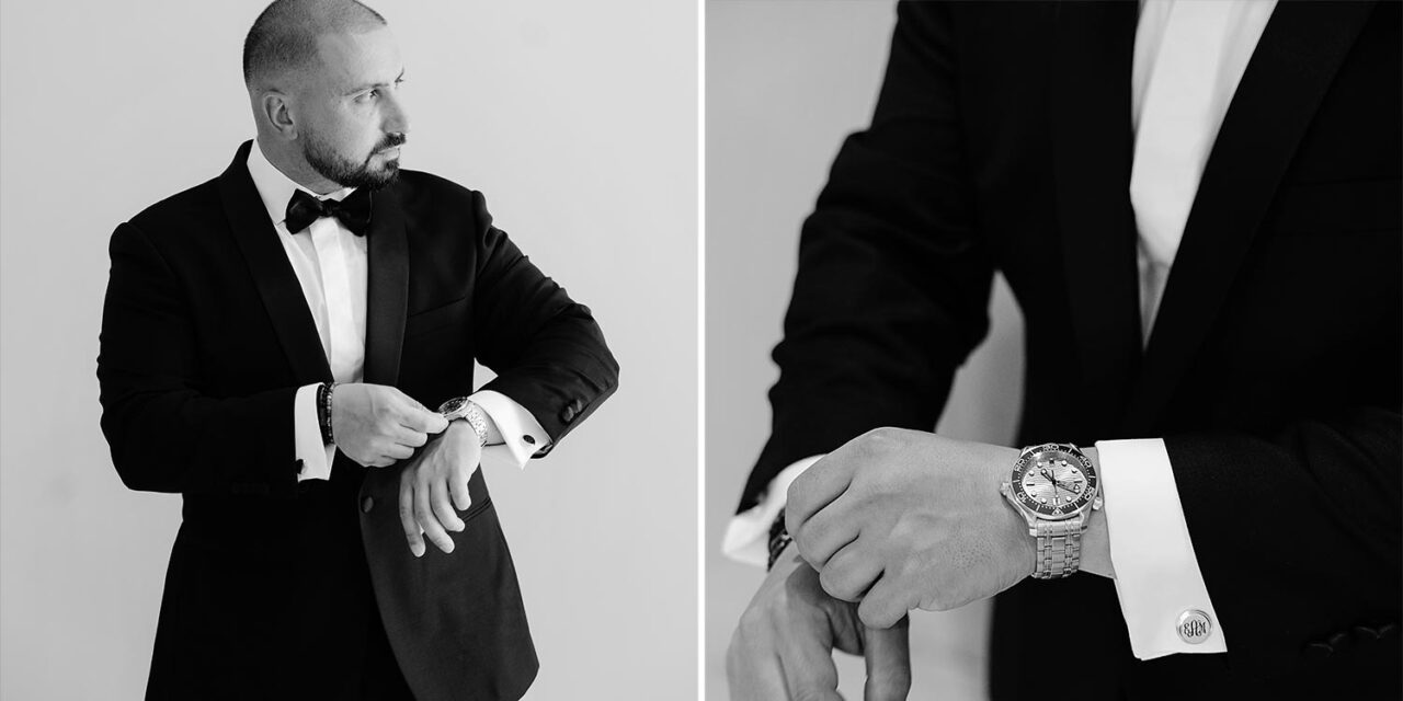 Groom adjusts cufflinks before ceremony, exuding timeless elegance.