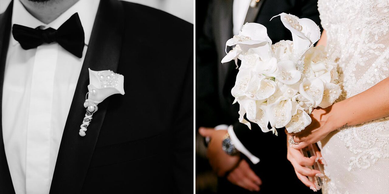 Groom’s boutonnière Bride’s bouquet of pearl detailed calla lilies shines beautifully