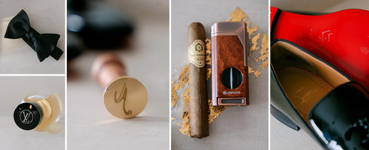 Groom’s essentials bow tie, monogrammed seal, and refined fragrance