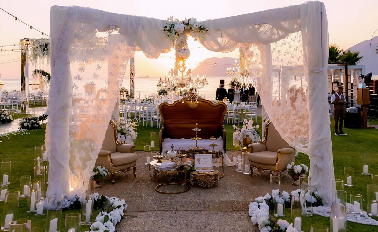 Luxurious lounge canopy by Rogdaki Events, creating a dreamy retreat at a Luxury Seaside Wedding in Greece