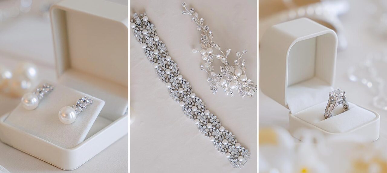 Pearl earrings, diamond bracelets, and exquisite rings are beautifully arranged, emphasizing the timeless elegance of the bridal look