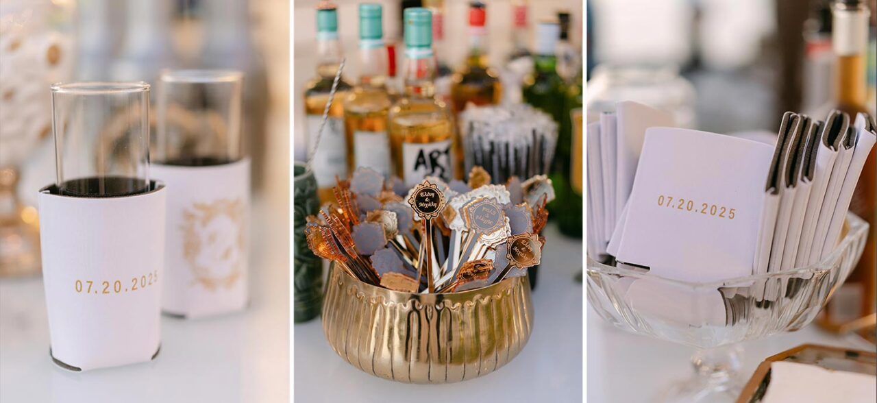 Personalized bar details at this Luxury Seaside Wedding in Greece by Rogdaki Events, featuring custom monogrammed accessories