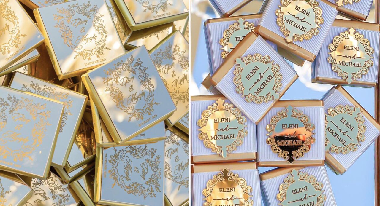 Personalized wedding favors by Rogdaki Events, golden keepsakes for a Luxury Seaside Wedding in Greece.