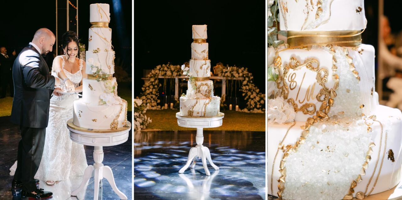 Rogdaki Events presented a breathtaking cake cutting moment at this Luxury Seaside Wedding in Greece