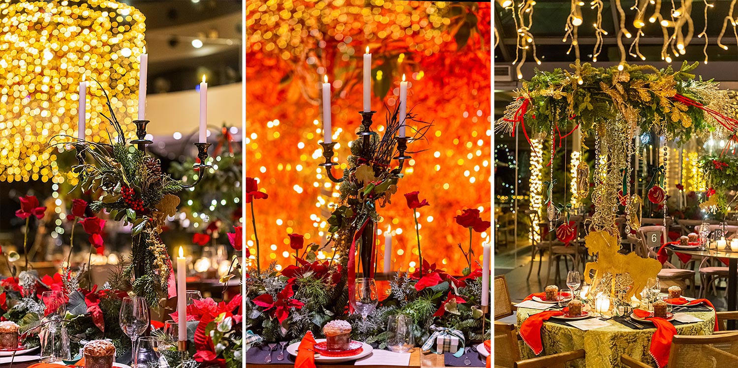 Mesmerizing Christmas Baptism Decoration 36 Rogdaki Events created a Christmas baptism at Distinto, featuring red roses, gold carousels, and tall candelabras amidst shimmering festive lights