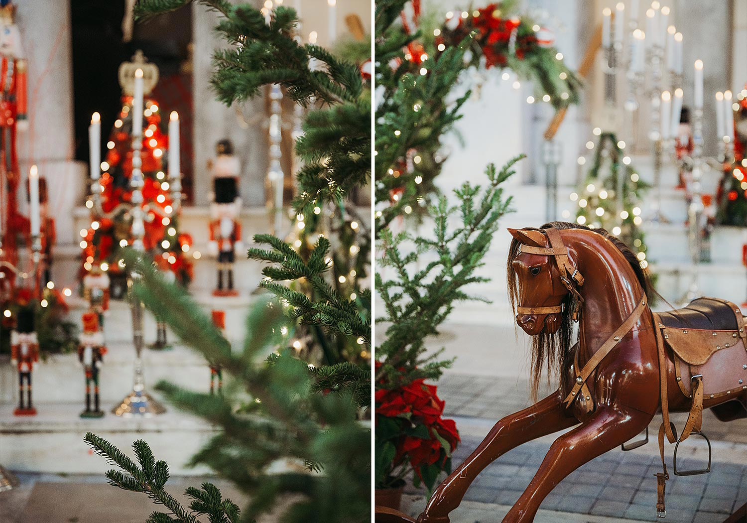 Μαγευτικός Χριστουγεννιάτικος Στολισμός Βάπτισης 1 Rogdaki Events created a magical Christmas christening featuring a vintage rocking horse, nutcrackers