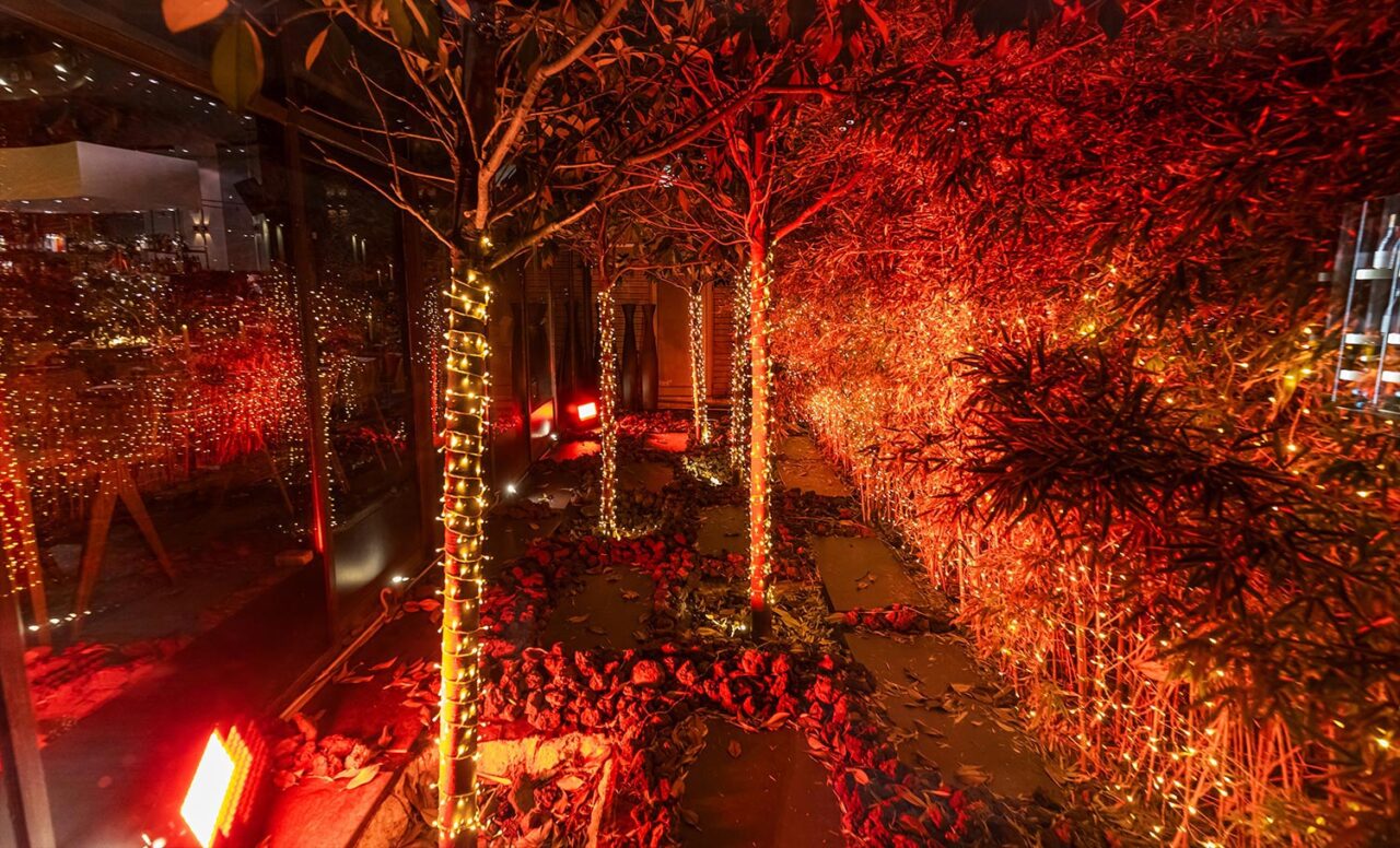 Mesmerizing Christmas Baptism Decoration 16 Twinkling trees and red glow create a magical entrance