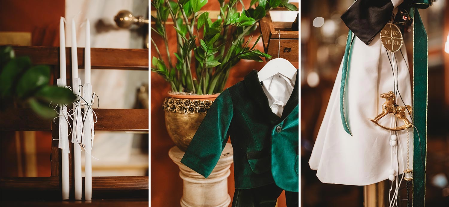 Μαγευτικός Χριστουγεννιάτικος Στολισμός Βάπτισης 3 βαπτιστικά ρούχα με χρυσά διακοσμητικά στοιχεία