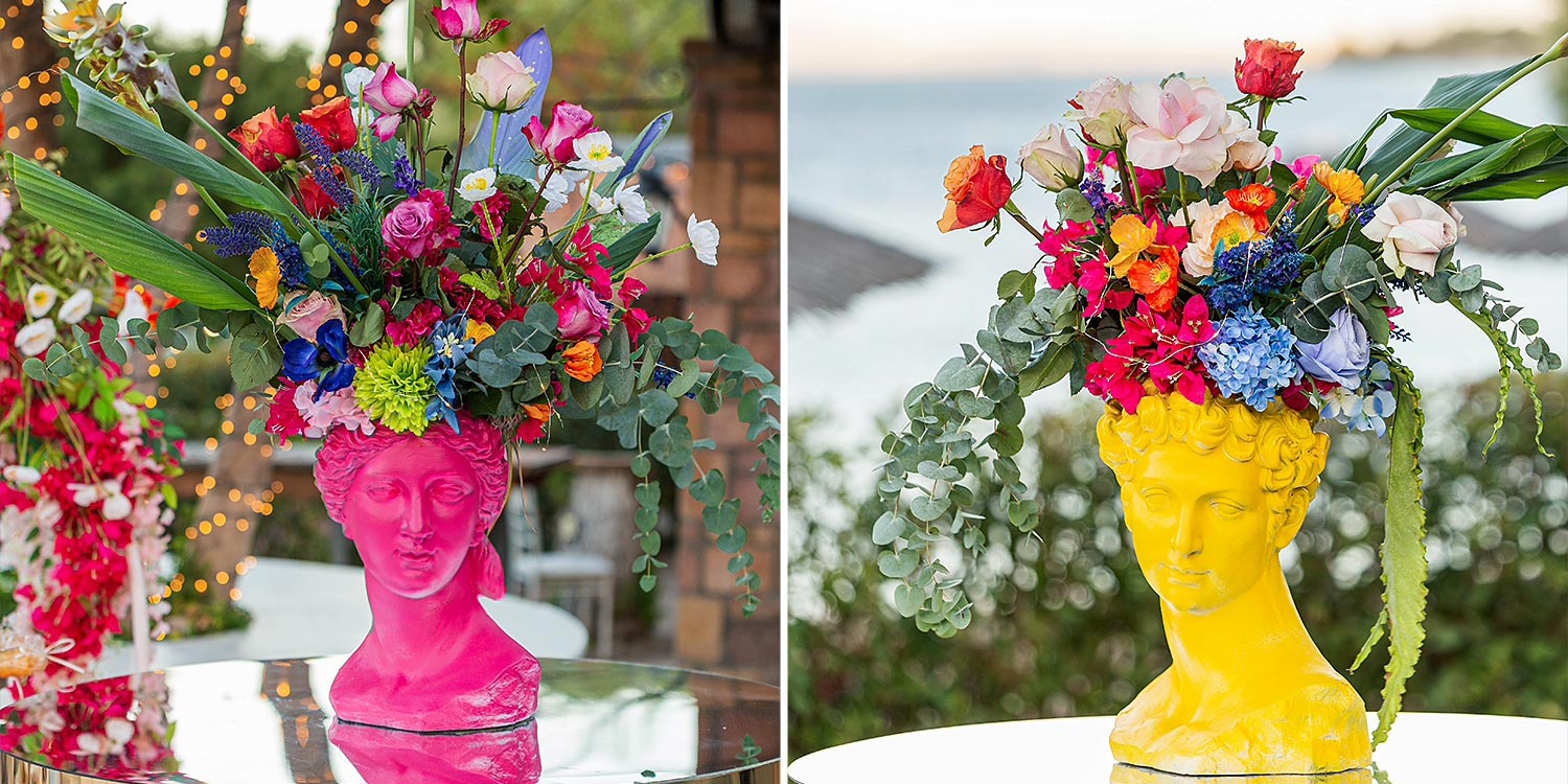 Chic & Colorful Γάμος στο Κτήμα Παναγιωτόπουλου 33 Rogdaki Events, καλλιτεχνικά βάζα προτομές σε neon ροζ και κίτρινο χρώμα,