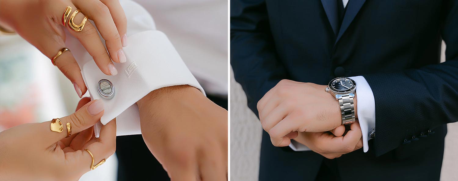 Chic & Colorful Γάμος στο Κτήμα Παναγιωτόπουλου 5 Rogdaki Events, κοντινές λεπτομέρειες από την προετοιμασία του γαμπρού με κομψά μανικετόκουμπα και ένα κλασικό ασημένιο ρολόι.