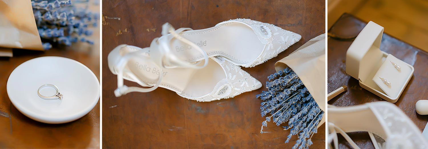 Chic & Colorful Γάμος στο Κτήμα Παναγιωτόπουλου 2 Rogdaki Events, λεπτές νυφικές λεπτομέρειες που περιλαμβάνουν το μονόπετρο, κομψά γοβάκια και λεβάντα για έναν ρομαντικό γάμο.