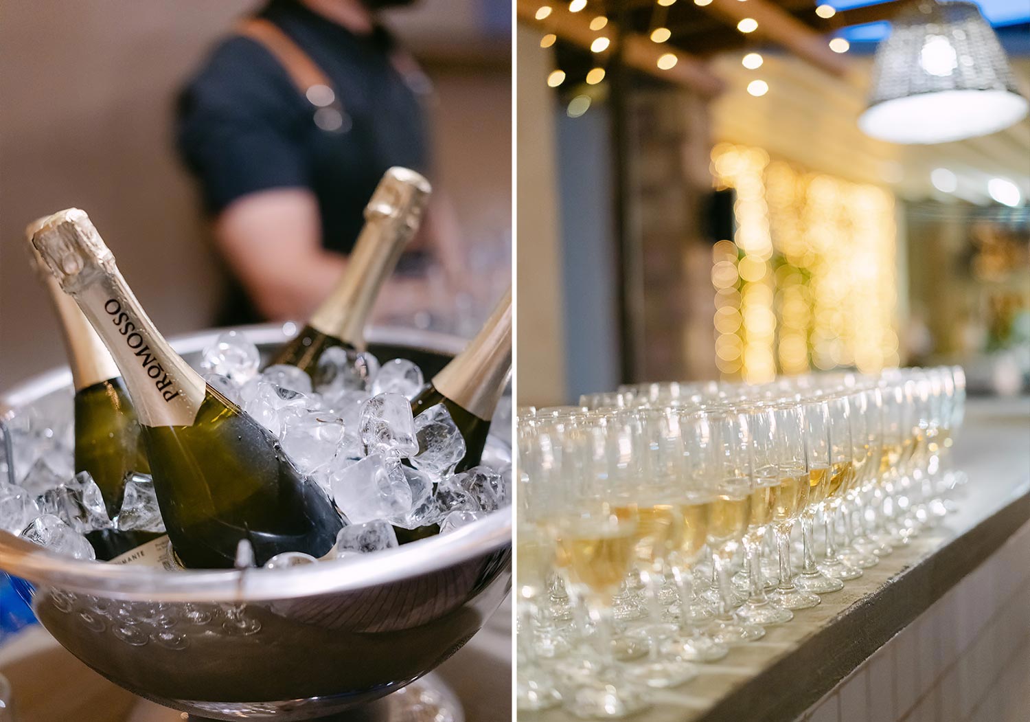 Chic & Colorful Γάμος στο Κτήμα Παναγιωτόπουλου 42 Rogdaki Events, παγωμένα μπουκάλια prosecco και σειρές από γεμάτα ποτήρια, έτοιμα για την εορταστική πρόποση του γάμου.