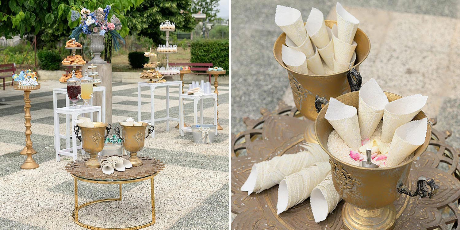 A Signature Wedding & Baptism Production in Blue 8 A refreshing welcome table in the courtyard of Agia Varvara, designed with a contemporary Mediterranean aesthetic.