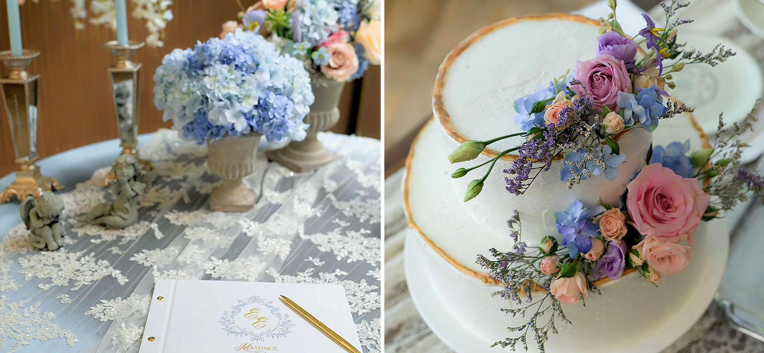 A Signature Wedding & Baptism Production in Blue 31 An impressive two tier cake and the guest book with Mattheos, adorned with fresh blooms.