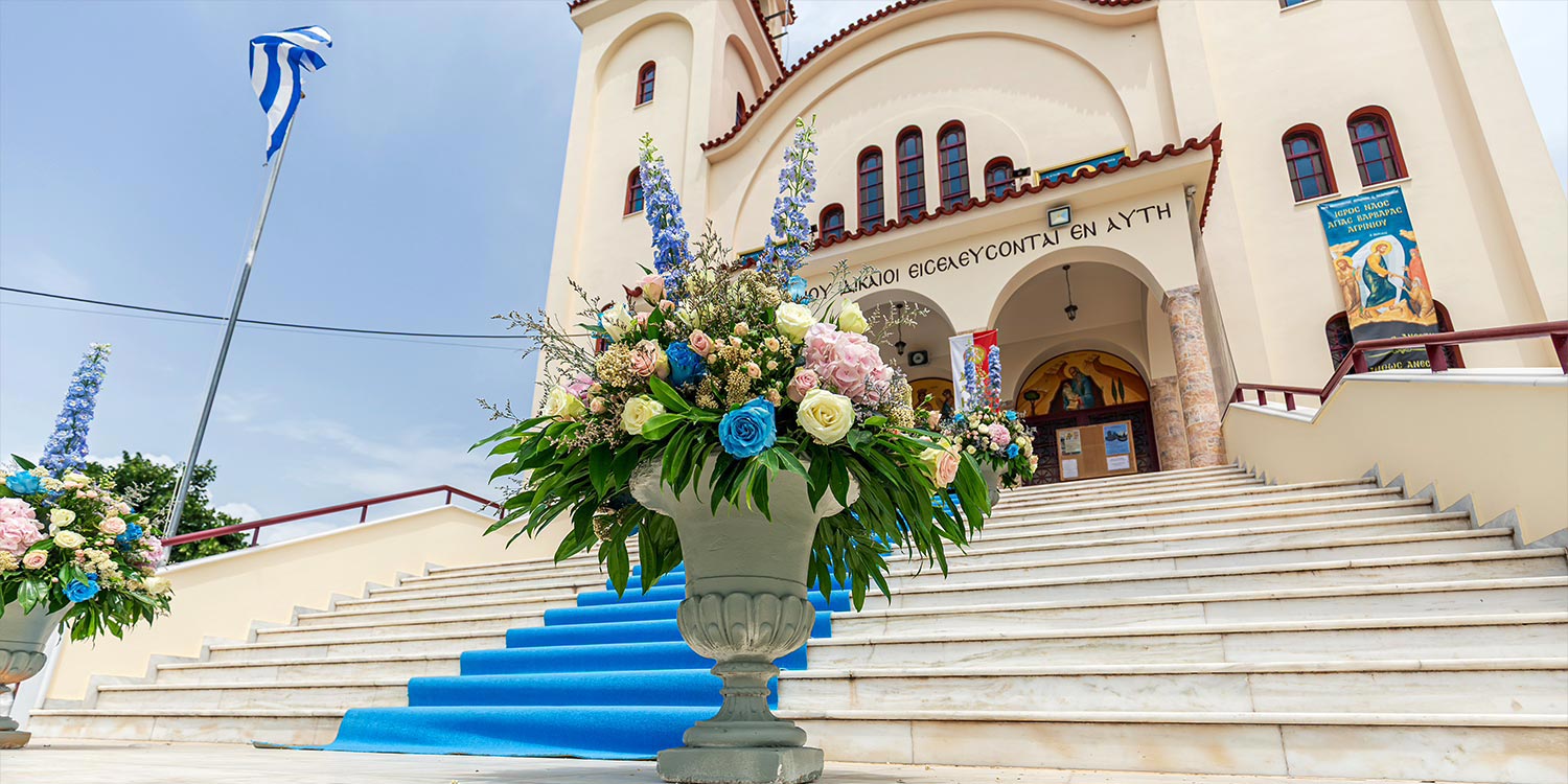 A Signature Wedding & Baptism Production in Blue 2 Baptism decoration at the Holy Church of Agia Varvara in Agrinio, signed by Rogdaki Events Design.