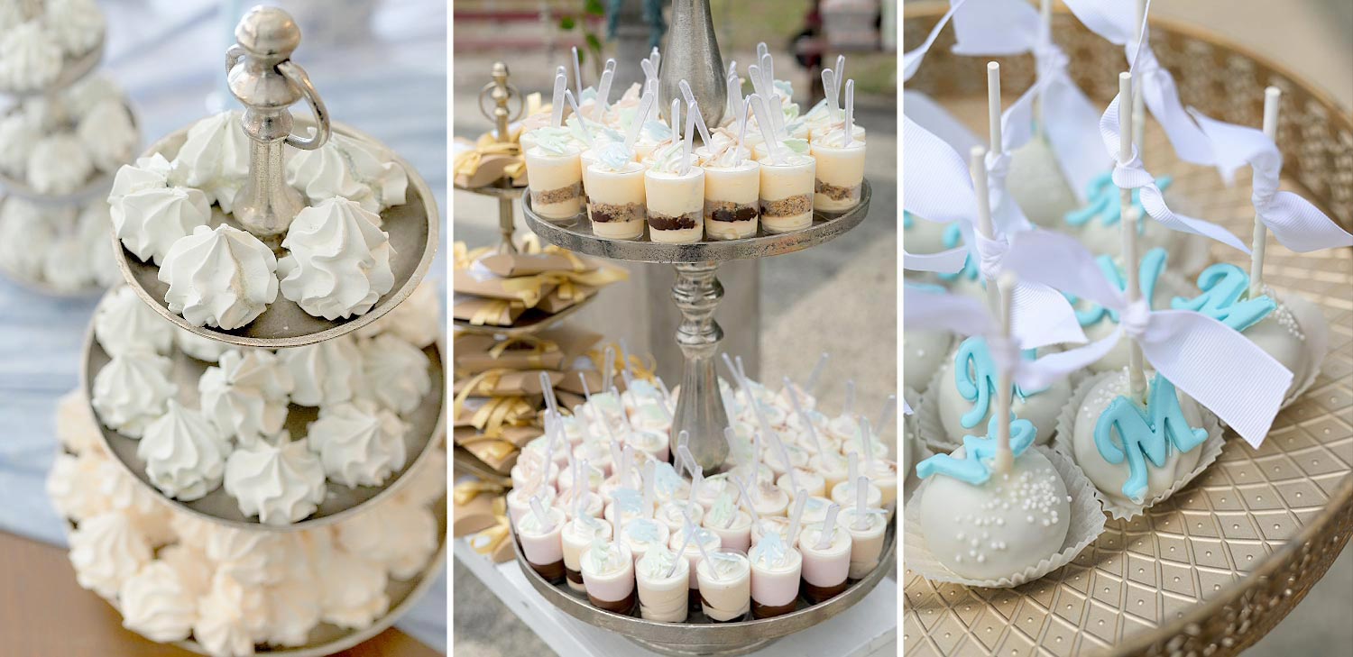 A Signature Wedding & Baptism Production in Blue 30 Custom made desserts featuring the monogram M alongside refreshing treats, elegantly displayed by Rogdaki Events.