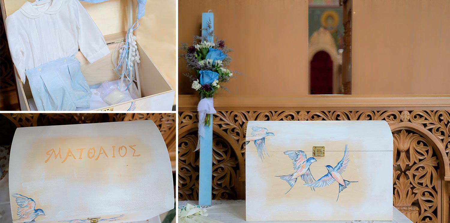 A Signature Wedding & Baptism Production in Blue 11 High aesthetic details on the candles and baptismal items by Mattheos at the Holy Church of Agia Varvara.