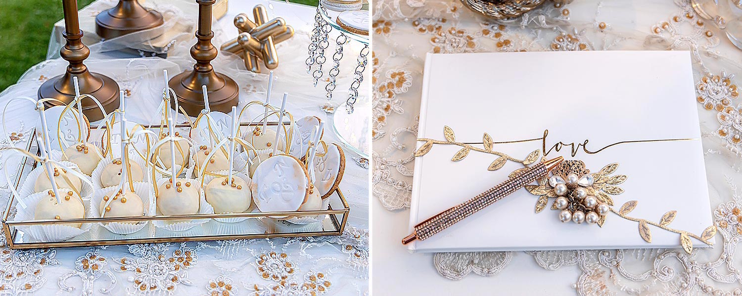 Trichonida Lake Wedding 19 Lake wedding at Pythari by Rogdaki Events—golden desserts, crystal details, and a guest book wrapped in love and elegance.