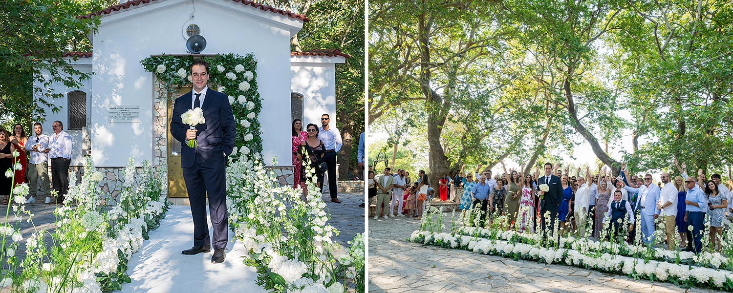 Ελληνικο-Γαλλικός Σικάτος Γάμος 9 Ο γαμπρός και όλοι οι καλεσμένοι περιμένουν τη νύφη στην εκκλησία του Αγίου Αναστασίου Δρεπάνου, σε διακόσμηση Rogdaki Events