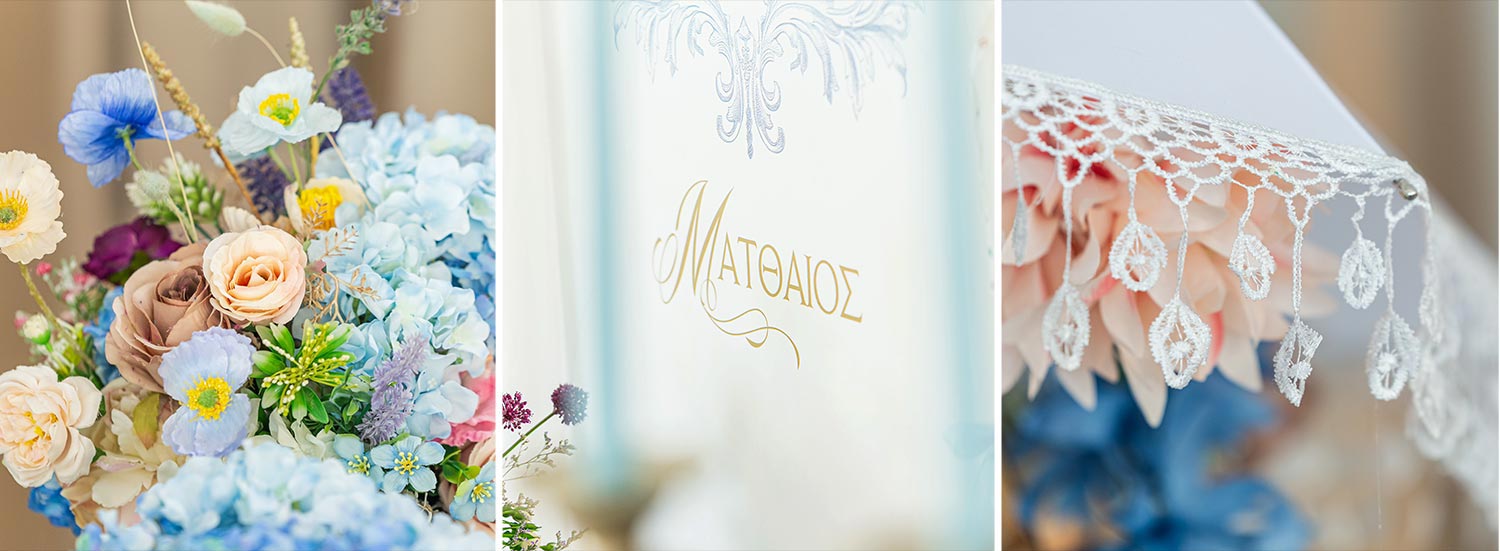 A Signature Wedding & Baptism Production in Blue 23 Personalized elements for Mattheos celebration, where delicate lace details and bespoke stationery.